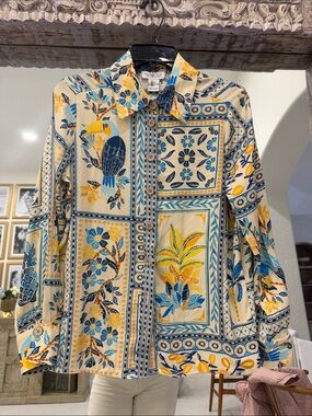 Rachel Zoe Cream, Blue & Yellow Tropical Button-Up